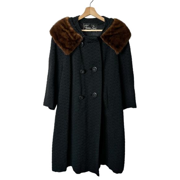 1980s Vintage Black Wool Coat With Brown Fur Collar Women's Small Trenchcoat - Picture 1 of 9